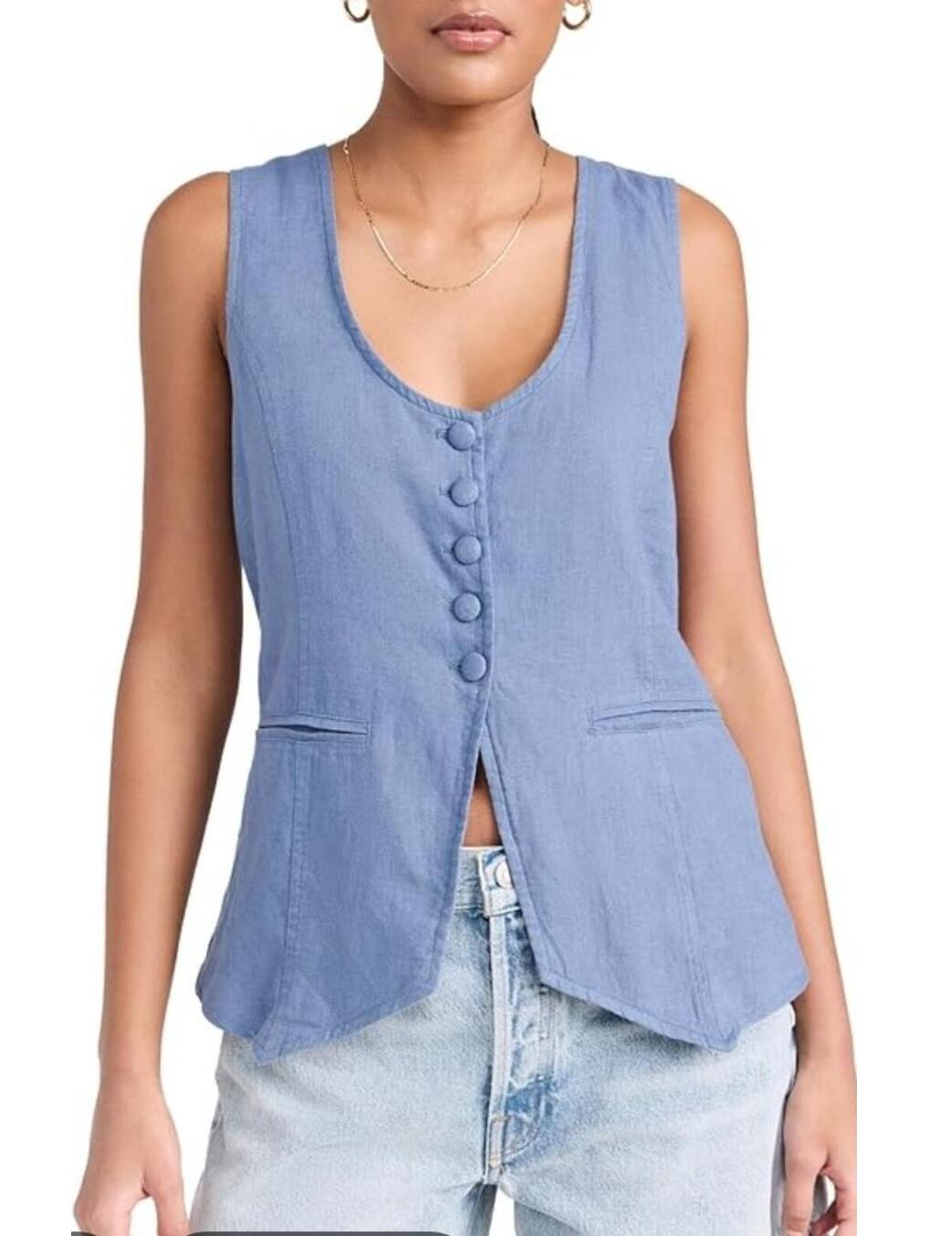 Womens Rachel Zoe 100% Linen Vest Button Up Medium Light Blue Cotton Lined Nwt